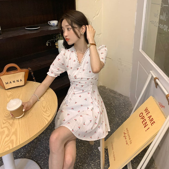 Shortsleeved Dress With Cherry Pattern