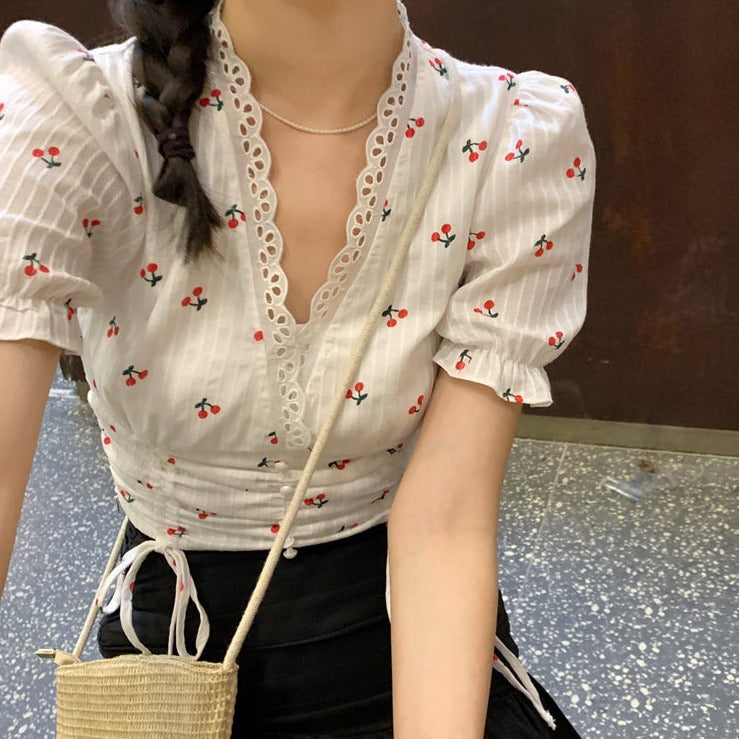 Shortsleeved Blouse With Cherry Pattern