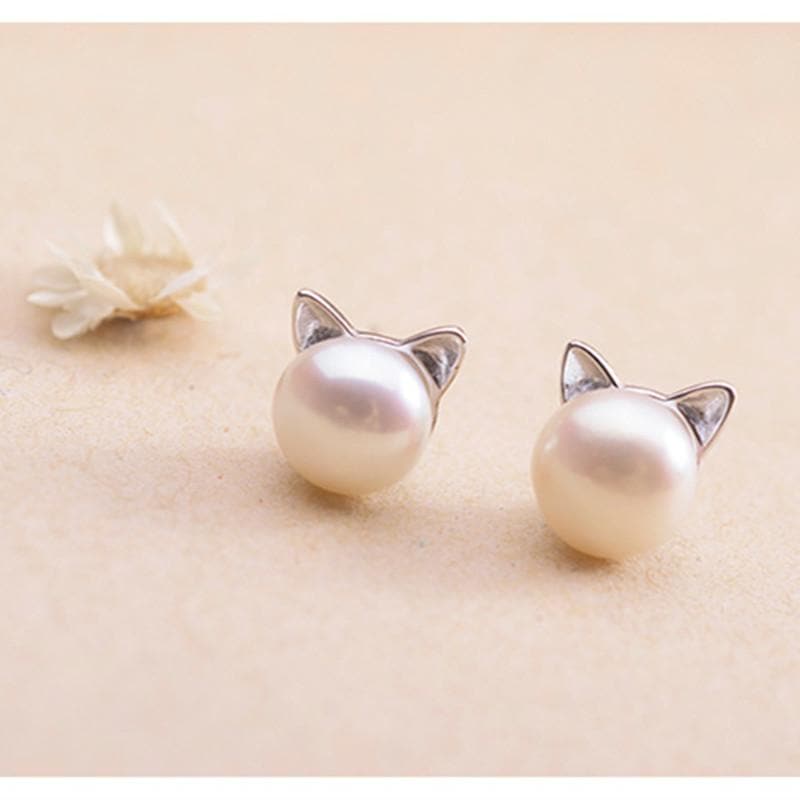 Pearl Stud Earrings with Cat Ears - Asian Fashion Lianox