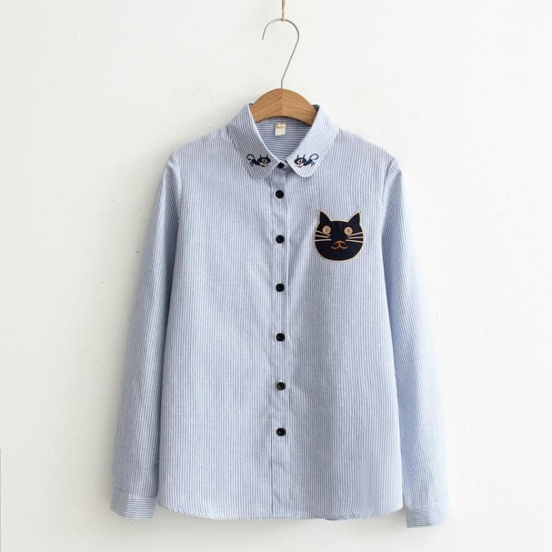 Striped Blouse With Kitties - Asian Fashion Lianox
