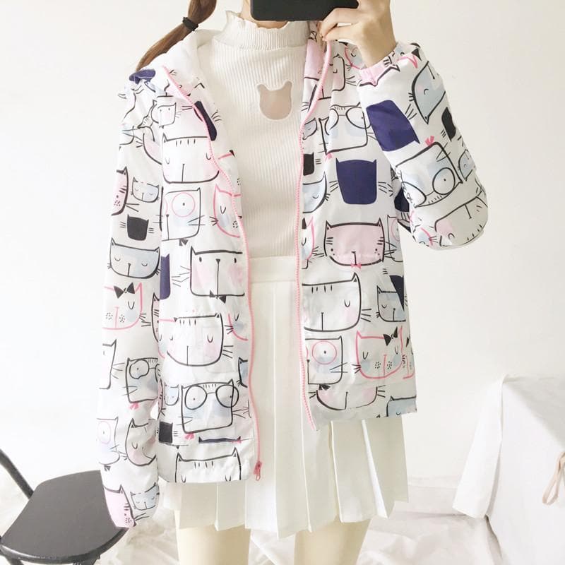 Hooded Jacket with Cat Pattern - Asian Fashion Lianox