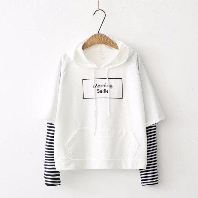 "Morning Selfie" Hoodie with Striped Sleeves - Asian Fashion Lianox