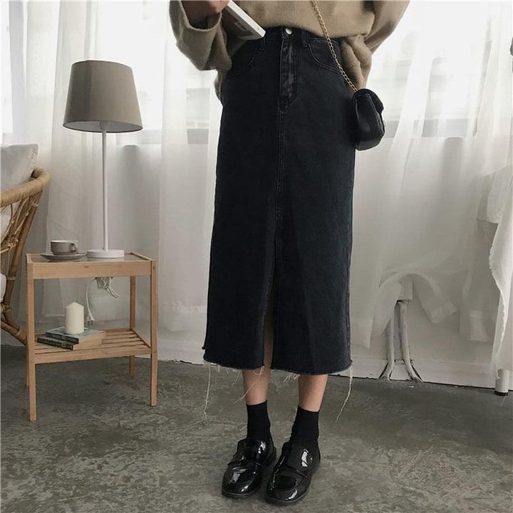 Black Denim Skirt with Hem Split - Asian Fashion Lianox