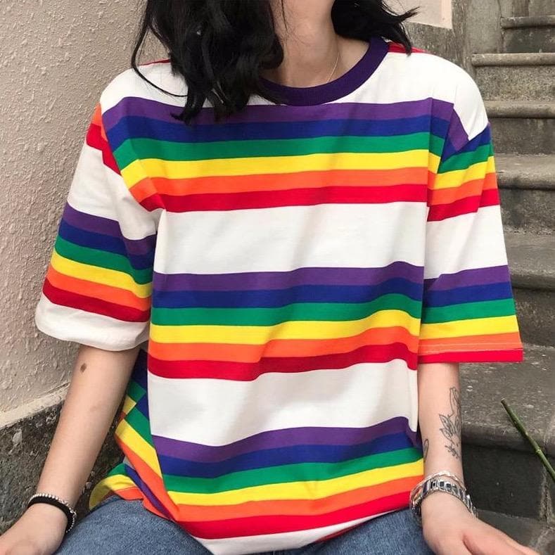 T-Shirt With Rainbow Stripes - Asian Fashion Lianox