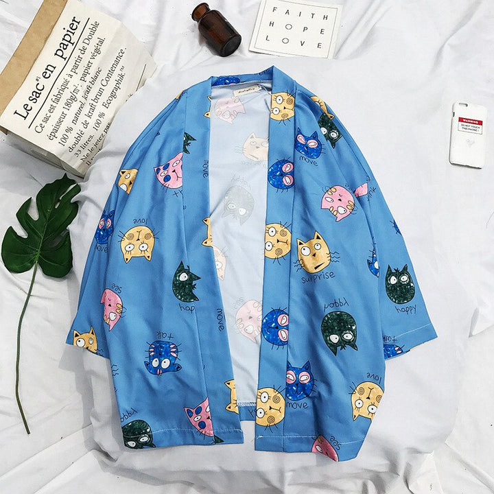Kimono Shirt With Cat Print
