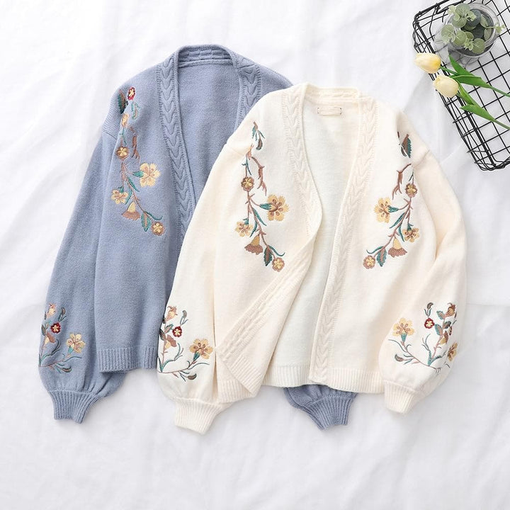 Lantern Sleeve Cardigan with Floral Embroidery - Asian Fashion Lianox